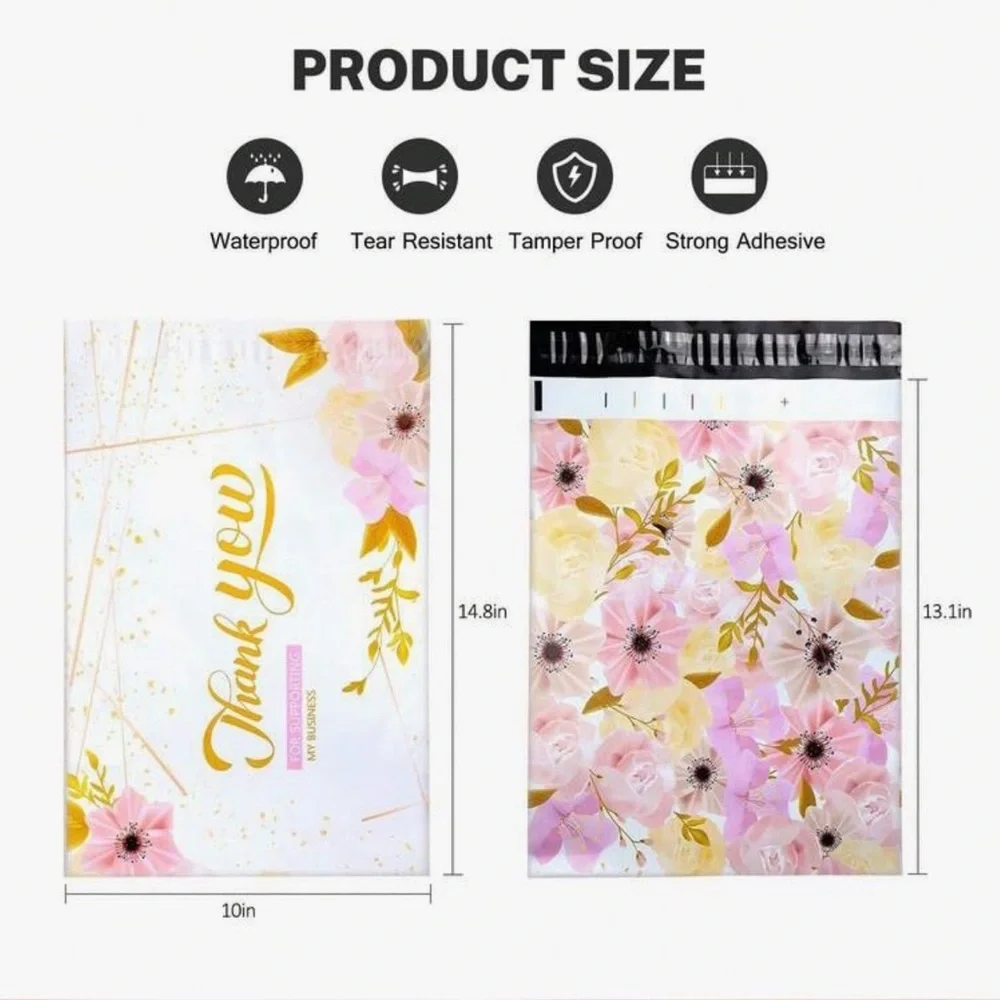 PRICE IS FIRM -Set of 10 Floral and Gold 10 x 13 ‘Thank You’ Poly Ship Mail Bags